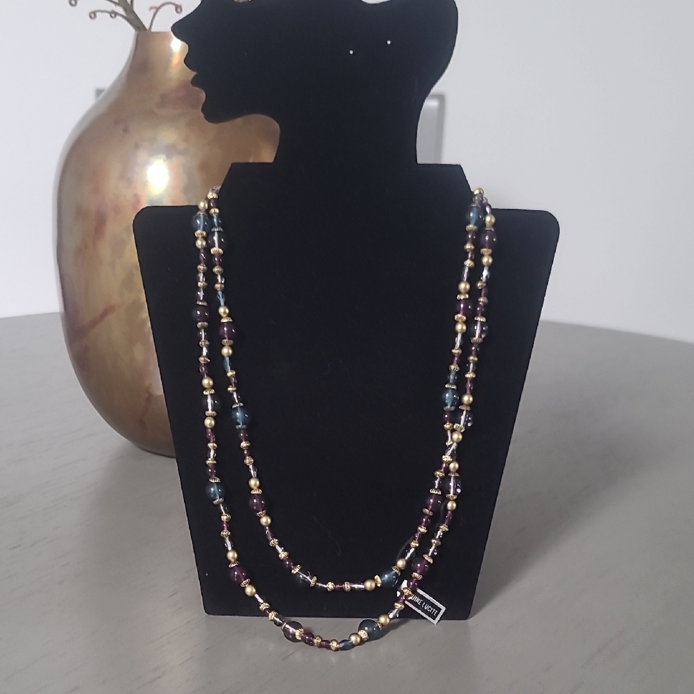 Lucite Long Beaded Necklace in Purple and Gold Lucite